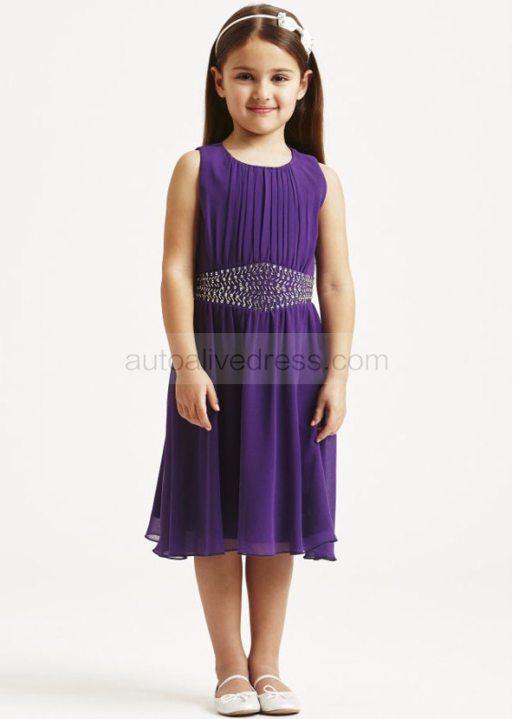 Ruched Chiffon Beaded Knee Length Flower Girl Dress